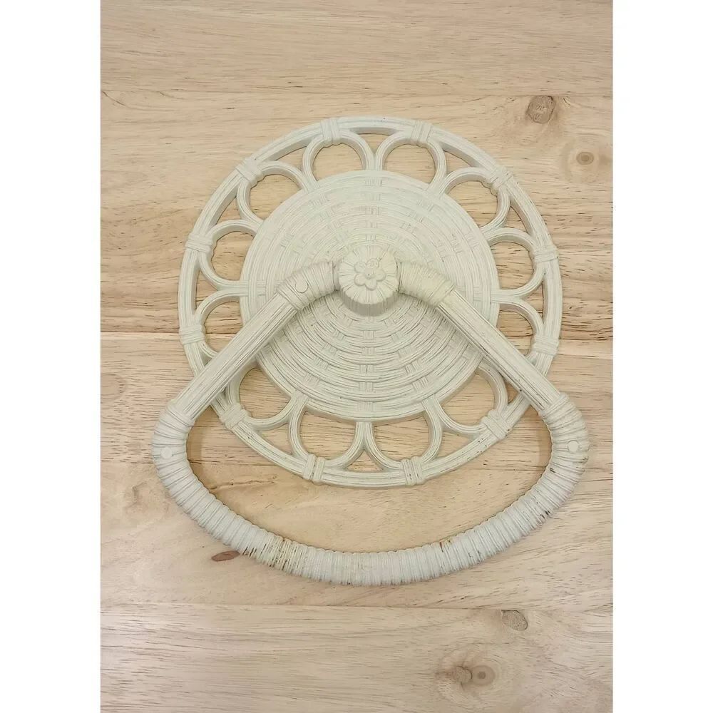 Vintage homeco interiors, wall hanging towel rack , plastic ,white faux wicker